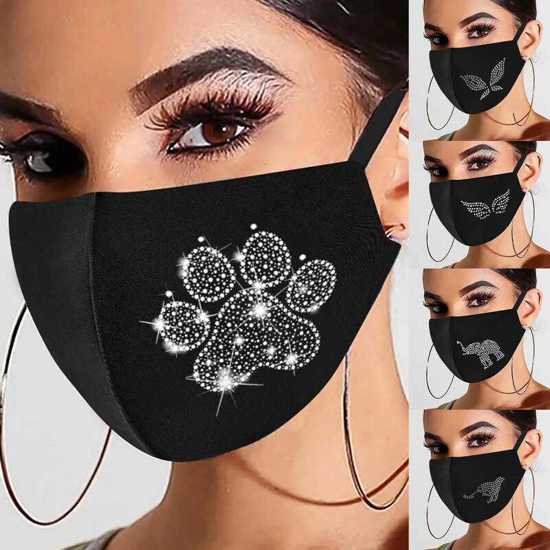 1pc Women'S Fashionable Popular Rhinestones Printing Face Mask Washable Reusable Pressure-Free Mascaras Mask For Long-Term Wear