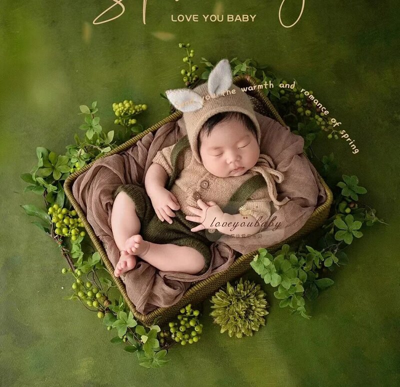신생아 사진 의상 토끼 롬퍼 니트 아기 토끼 점프슈트, 아기 사진 촬영 액세서리