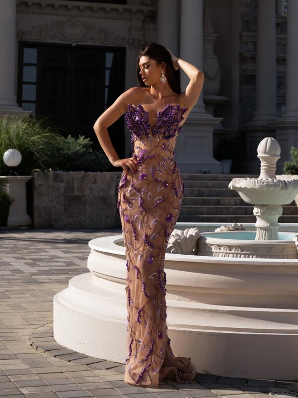 Purple Straight Long Prom Gown Sparkly Sequins Beads Cocktail Dresses Sexy Illusion Pearls Evening Dress  Robe De Mariée
