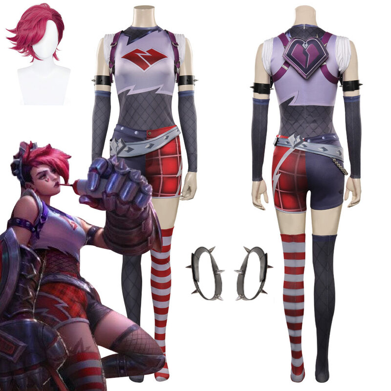 Game LoL The Piltover Enforcer Vi Cosplay Costume Wig Vest Shorts Outfits For Adult Women Girls Halloween Carnival Party Clothes