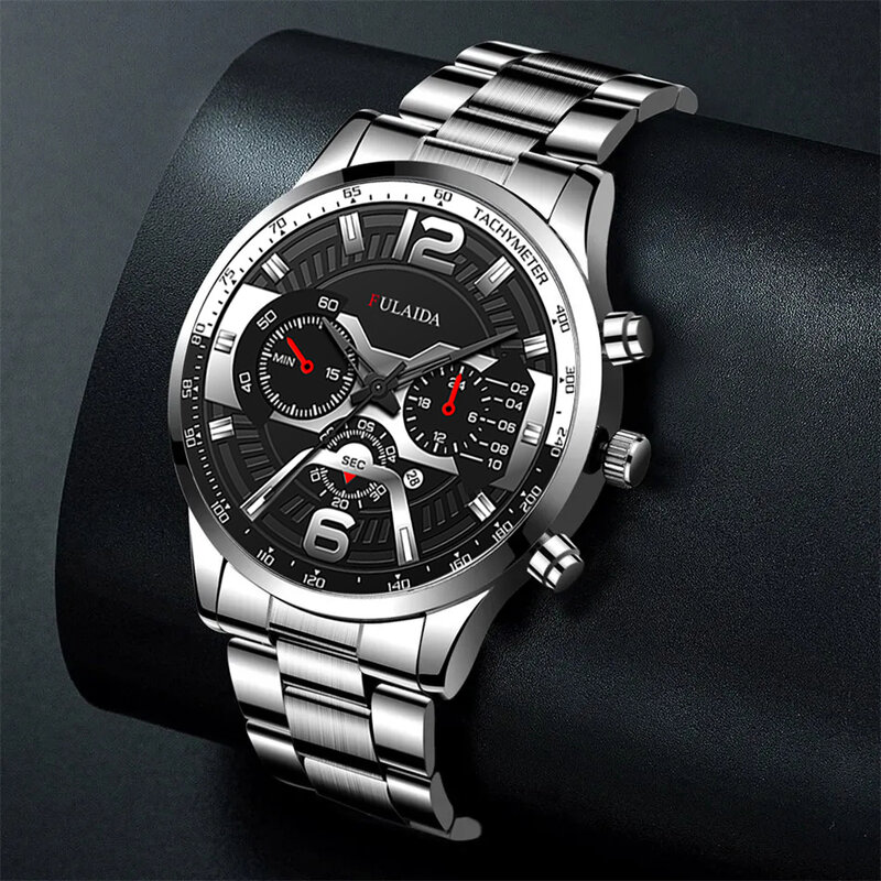 3 szt. Zestaw modne męskie zegarki kalendarz biznesowy męskie casualowe srebrne bransoletki naszyjnik ze stali nierdzewnej kwarcowy zegarek na rękę