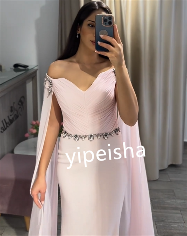 Chiffon Draped Beading Clubbing A-line Off-the-shoulder Bespoke Occasion Gown Long Dresses