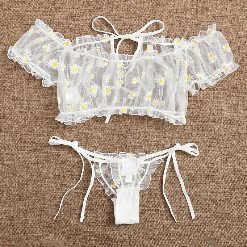 Women Sexy Lace Bra Sleepwear Two Piece Set Cute Floral Embroidery Bowknot Drawstring Strapless Underwear Side Ties Thong Set