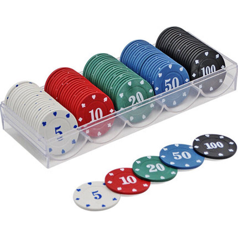 Chips de poker com caixa de plástico, Chip profissional, Texas Hold'em, Blackjack Cards Game, 100pcs