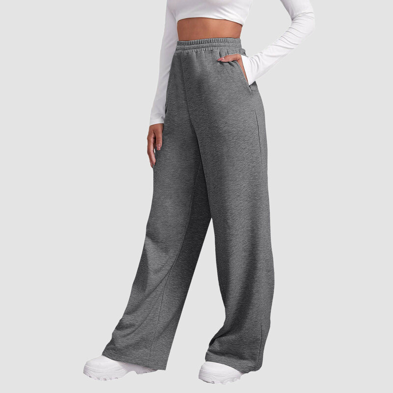 Calça de lã de perna larga feminina, calça de fundo reto, corredores de fitness simples com tudo, calça básica de viagem, 2024