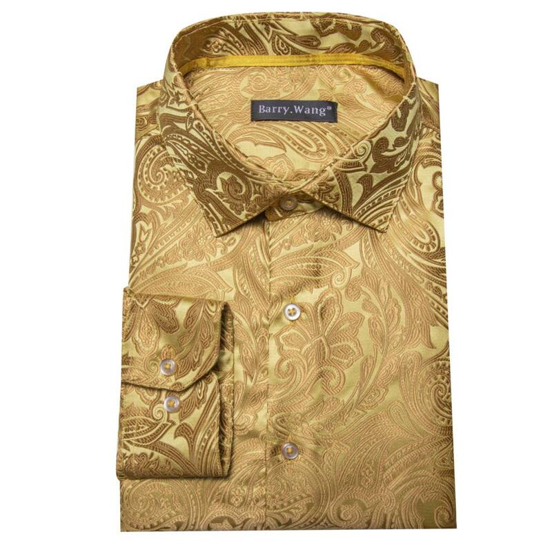 Camisas de Seda Paisley Douradas masculinas, manga comprida, slim fit masculino blusas, gola virada para baixo, tops casuais, respirável, Barry Wang, designer