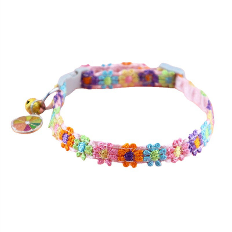 Collar de gato de flores de arcoíris con campana, Collar de cachorro de gatito, hebilla ajustable, Collar de gatito de encaje colorido, accesorios para perros