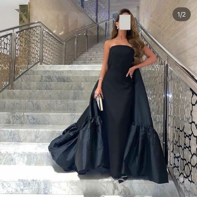 Bajkowa suknie balowe bez rękawów do czarnej podłodze, marszczona, bez pleców, z falbanami, tafta wieczór weselny imprezę 2023