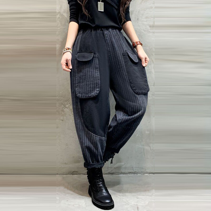 Damskie w stylu Vintage w kratę Patchwork casualowe w stylu Streetwear Y2K jeansowe spodnie haremowe jesienno-zimowe pluszowe ciepłe workowate dżinsy pantalony Harajuku