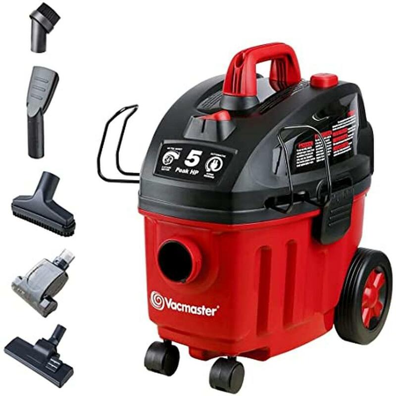 4 Gallon Wet/Dry Vacuum Cleaner 5 Peak HP Motor 2-Stage Motor On-board Hose Storage Non-Marring Wheels Automatic Cord Rewind