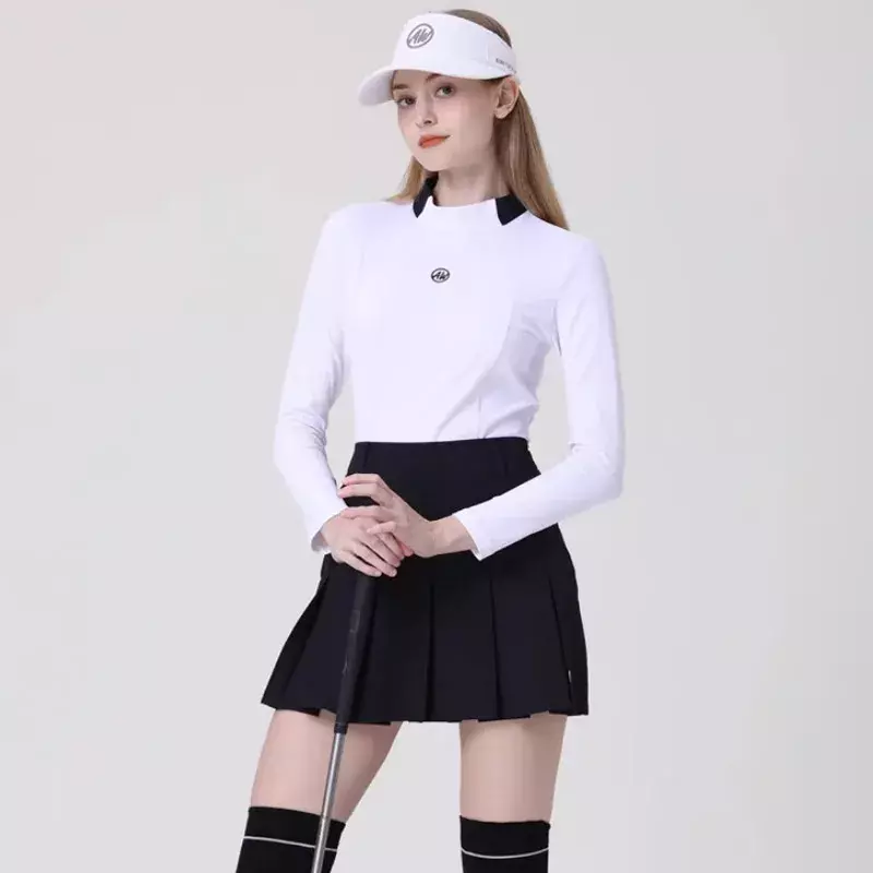 Azureway Dames Hoge Taille Slanke Golfrok A-Line Geplooide Skort Lady Patchwork Shirt Met Volledige Mouwen En-Hals Tops Mode College-Pak