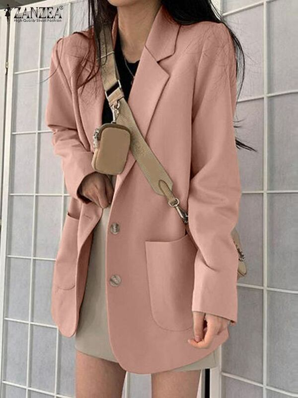 Элегантные офисные куртки ZANZEA с лацканами, модный однотонный простой Блейзер, женское осеннее деловое пальто с длинным рукавом, большие размеры, 2023