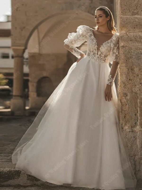 Vestidos de casamento de mangas fofas para mulheres, Vestidos de noiva cor sólida, Estilo simples, Design formal