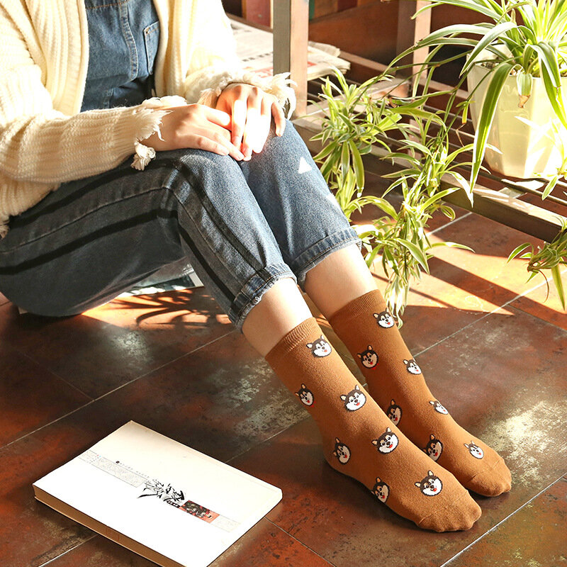 Новинка 2024, модные осенне-зимние женские носки, хлопковые носки средней длины с мультяшной собакой, милые женские носки, японские хлопковые носки