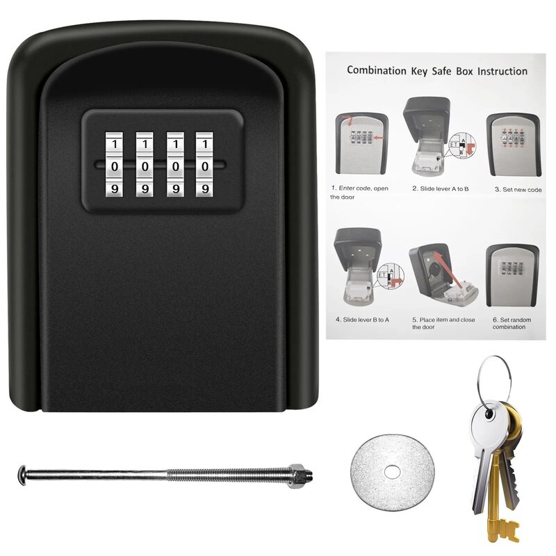 Black Metal Key Lock Box Outdoor Wall Mounted Key Holder Organizer 4 Digit Combination Password Security Lock Storage Secret Box