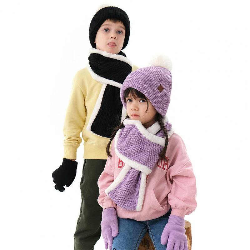 Комплект из шапки шарфа и перчаток для девочек, детская зимняя шапка, перчатки, шарф, вязаный утепленный плюшевый подкладочный уличный ветрозащитный Теплый помпон для детей