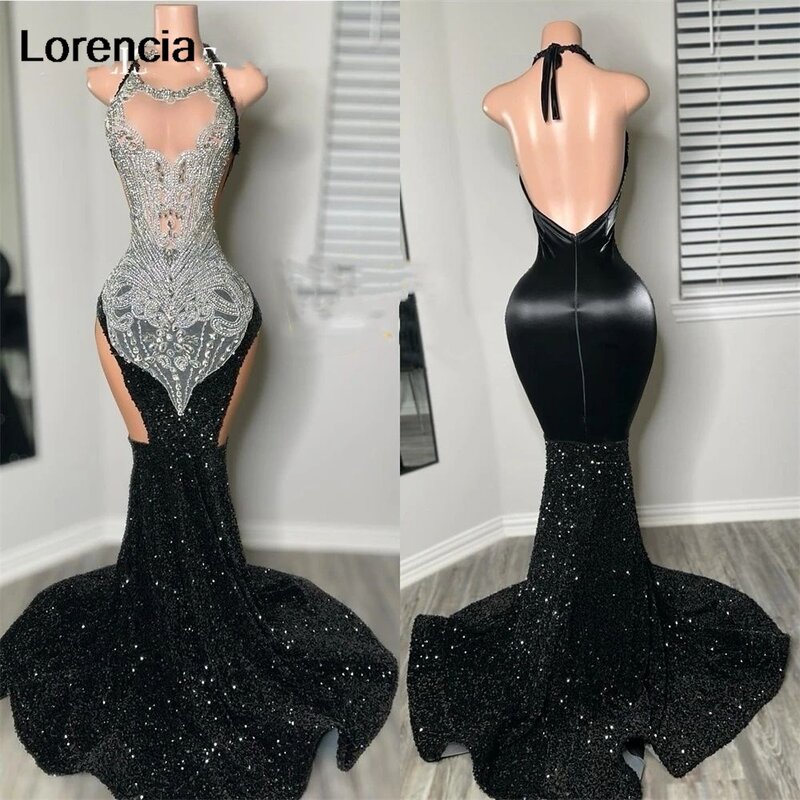 Lorencia Sexy Black Prom Dress For Black Girls 2024 Silver Beads Rhinestone Sequin Formal Party Gown Vestidos De Festa YPD56