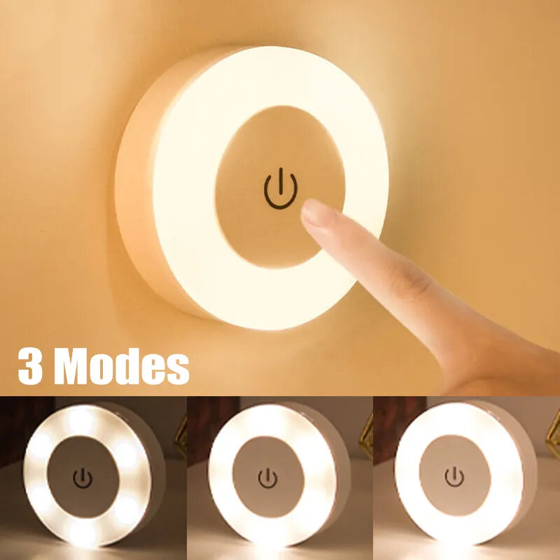 Round LED Touch Sensor Night Lights 3 Modes USB Rechargeable Magnetic Base Wall Lights Portable Dimming Soft Light Night Light