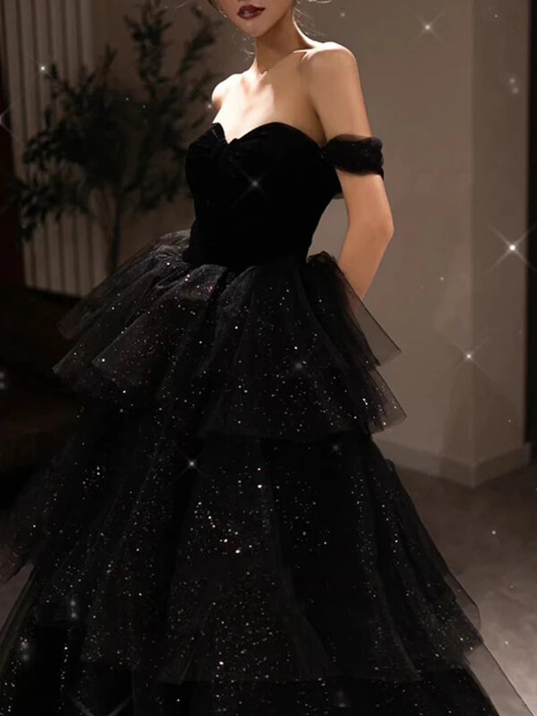 Vestido de noche negro de cintura elegante francés, vestido de graduación de cumpleaños de un hombro, vestido de baile Simple Sexy, vestido de fiesta de boda de malla plisada