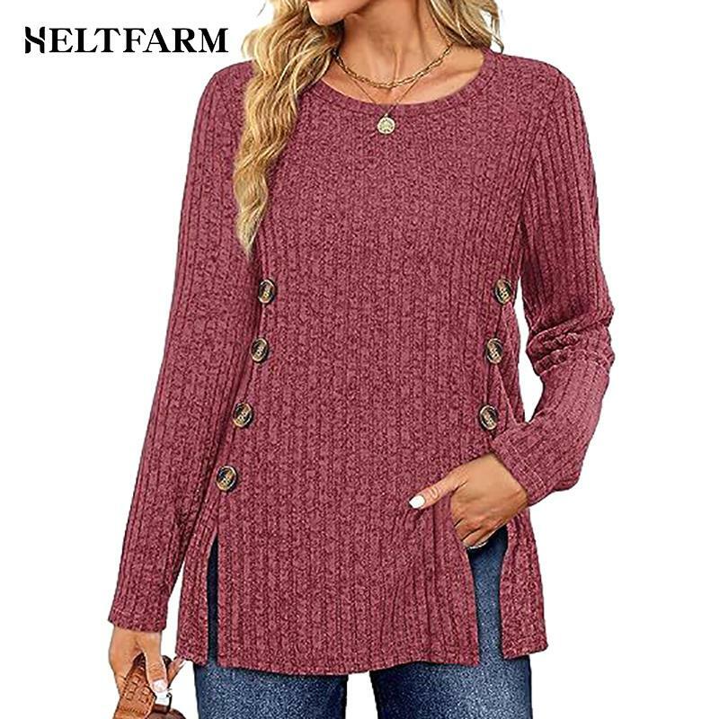 Women's Top Double-breasted Hem Slit Loose Round Neck Long-sleeved Pitted Top Women's Autumn And Winter Clothing