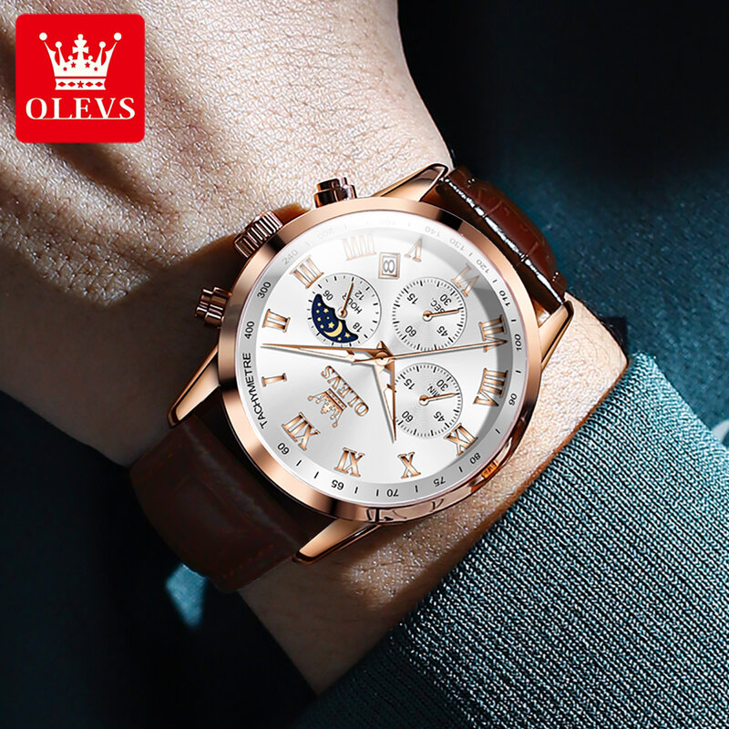 OLEVS นาฬิกาสำหรับบุรุษแบบใหม่แบรนด์หรูสำหรับผู้ชายนาฬิกาควอทซ์สายหนังดวงจันทร์กันน้ำวันที่
