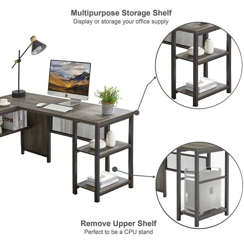FATORRI L Shaped Computer Desk, Industrial Home Office Desk with Shelves, Reversible Wood and Metal Corner Desk (Walnut Brown, 5