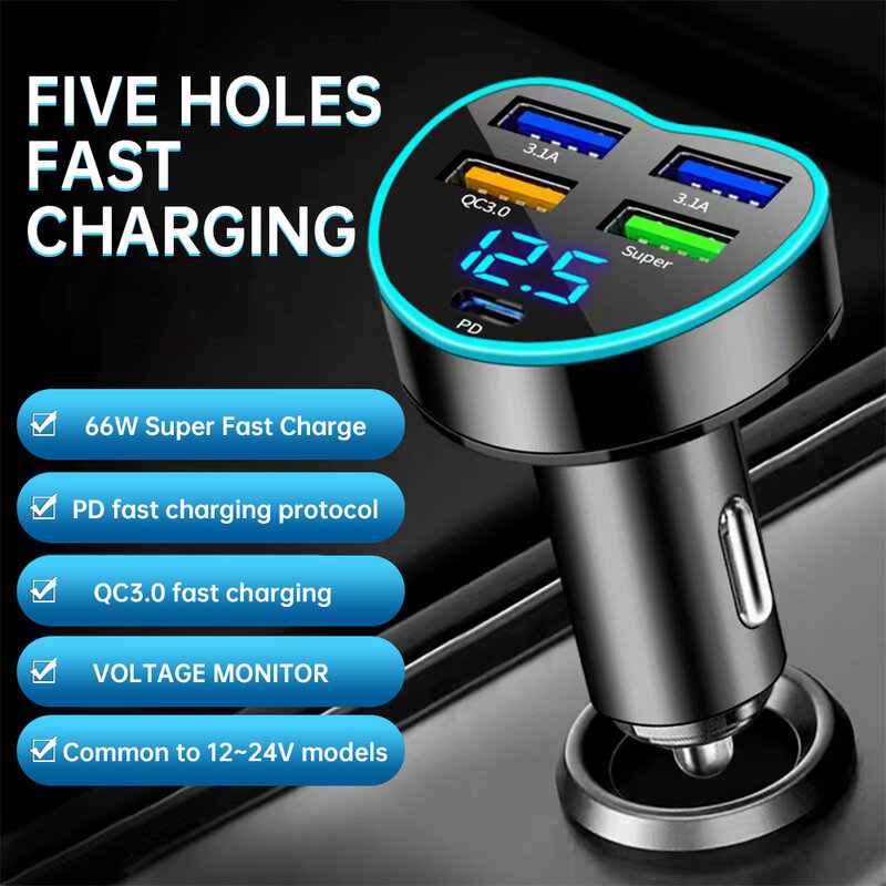 5 porte USB Car Charge 66W Quick 3.1A Mini ricarica veloce per iPhone 11 Xiaomi Huawei Adattatore del caricatore del telefono cellulare in auto