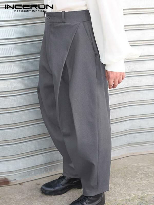 INCERUN 2023 American Style Men's Cross Pleated Long Pants Fashion Casual Male Solid All-match High Waist Pencil Trousers S-5XL