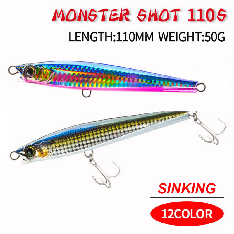 11cm 50g Fishing Lure Minnow Wobbler Monster Shot 110S Long Cast Sinking Pencil Jerkbait artificiale Hard Bait Ocean Fishing Bait