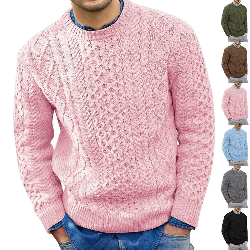Мужской однотонный свитер, розовый вязаный пуловер, большие размеры, Осень-зима 2024