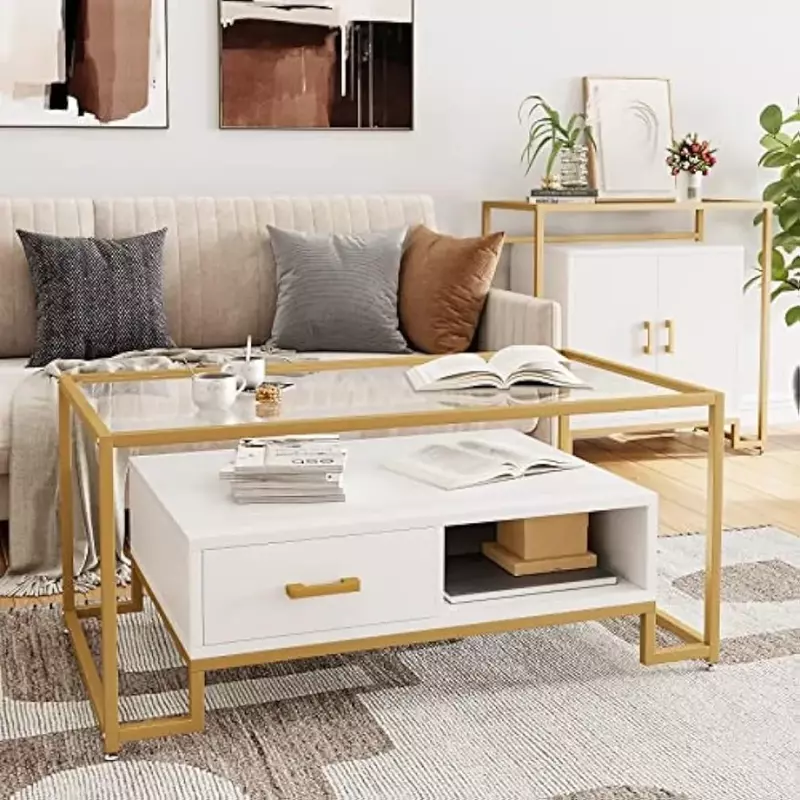 Table basse rectangulaire dorée en verre trempé, plateau en verre moderne avec 2 tiroirs et étagères de rangement, table basse