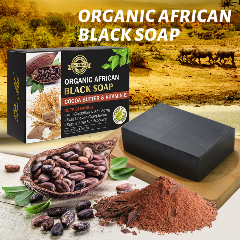 Afrikanische schwarze handgemachte Seife Bar schwarze Bio-Kakaobutter Vitamin E sprudelnde Haut Öl Kontrolle Seife für Gesicht Körper