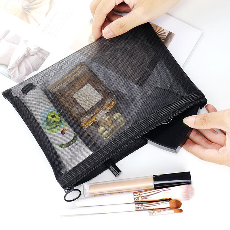 Portable Zipper Mesh Make Up Bag Women's Travel Toiletry Wash Bags Black Mesh Cosmetic Bags Transparent Organizer Storage Pouch