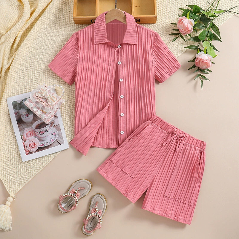 Meninas manga curta lapela camisa plissada, shorts de verão conjuntos, tops de cordão rosa, 2pcs, 8-12t