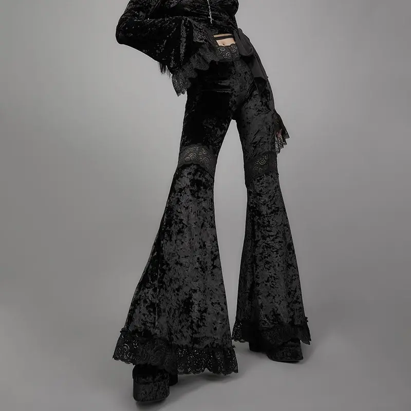 Женские брюки клеш с высокой талией, винтажные Элегантные Бархатные брюки с кружевом и пэчворком, 2024