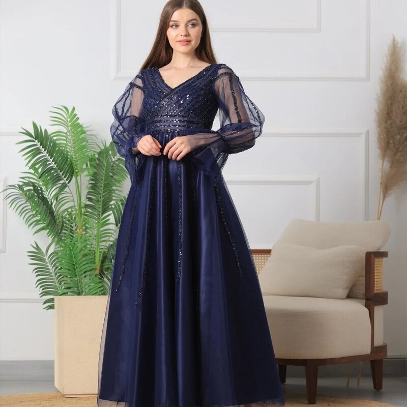 Epoch Evening Dress Elegant A-Line Shiny Sequined Lace Sleeve V-Neck Custom Made Sexy Cocktail Navy Blue Prom Gown Women 2024