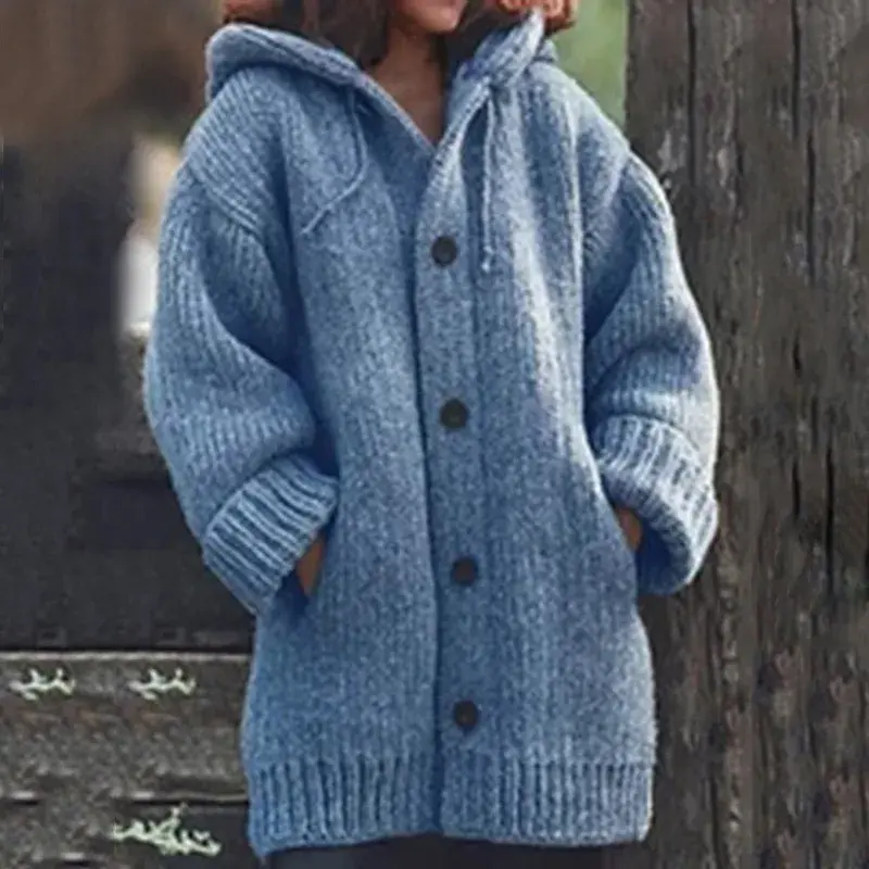 Suéter holgado de manga larga para mujer, de longitud media chaqueta con capucha, de punto, de talla grande, a la moda, para Otoño e Invierno