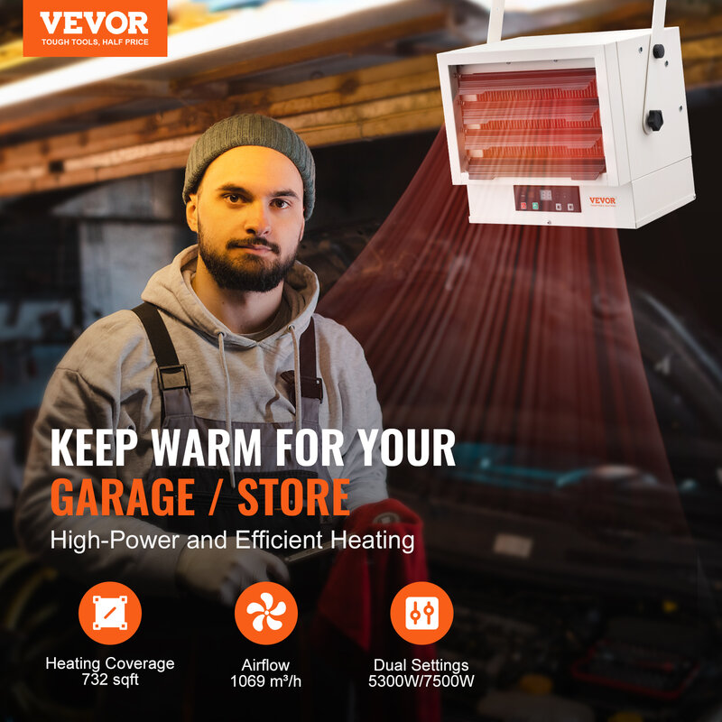 Электрический гаражный обогреватель VEVOR, цифровой настенный вентилятор с дистанционным управлением, защита от перегрева, проводной обогреватель, идеально подходит для мастерской