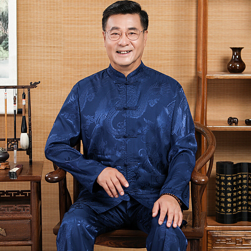 Лидер продаж, новый китайский традиционный Мужской Шелковый Атласный Костюм кунг-фу, костюм Тан, комплекты с жакетом с длинным рукавом и брюками, костюм дракона Ву Шу Тай Чи