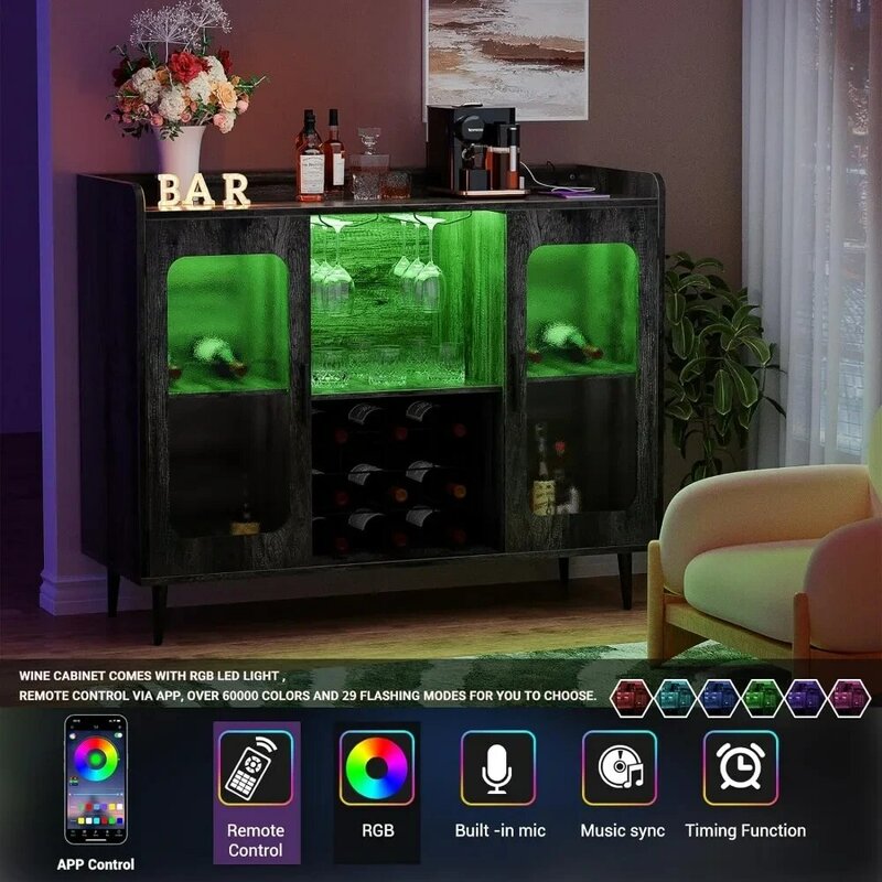 Wine Cabinet Bar com Power Outlet e LED Light, Buffet Sideboard, Prateleira de armazenamento para sala de jantar, Home Coffee