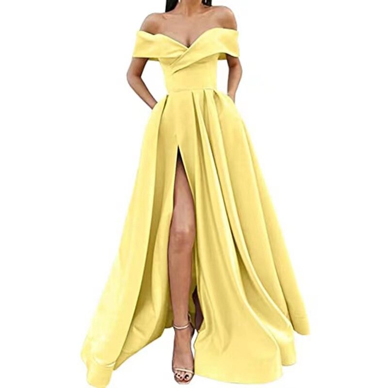 2024 Summer Dress New Sexy, Fashionable, Simple, Elegant, Noble Satin Solid Color Deep V Dress Evening Dress