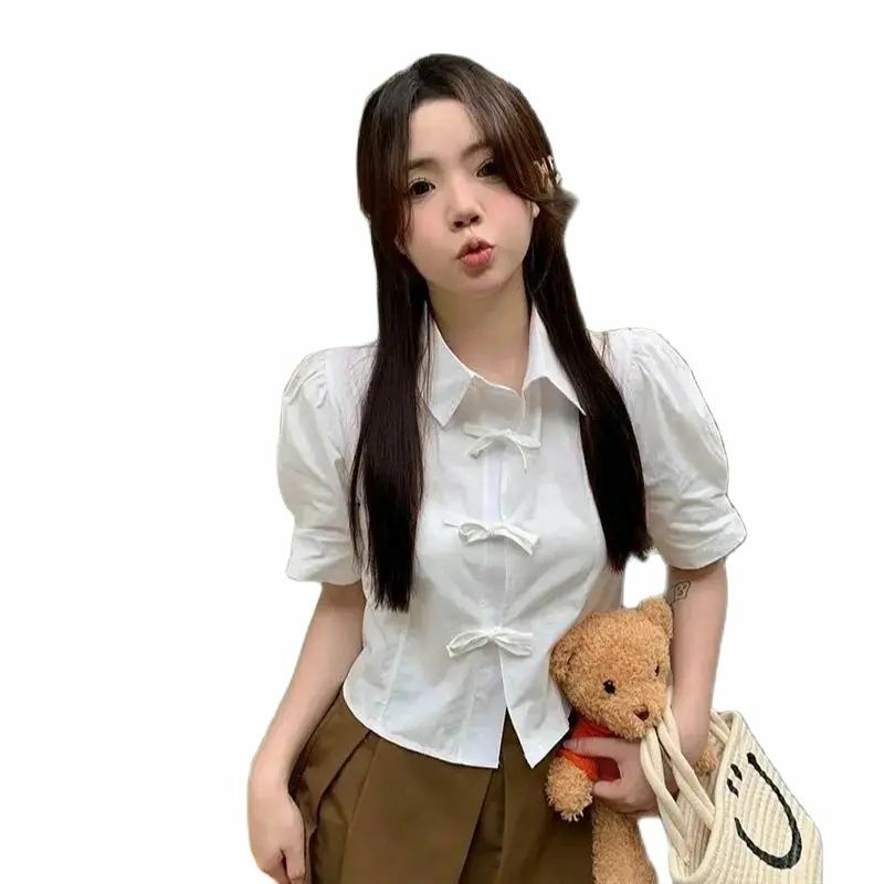 Koszule bufki damski krawat z kokardką rękawem słodkie lato jednolity koreański styl krótkie bluzki Fashion Ins Preppy Girl Mujer