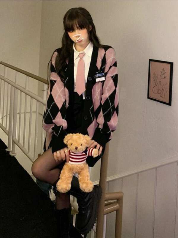 Deeptown Preppy Style Argyle Strickjacke Frauen Harajuku süße rosa übergroße Pullover Retro V-Ausschnitt Langarm Strick oberteile