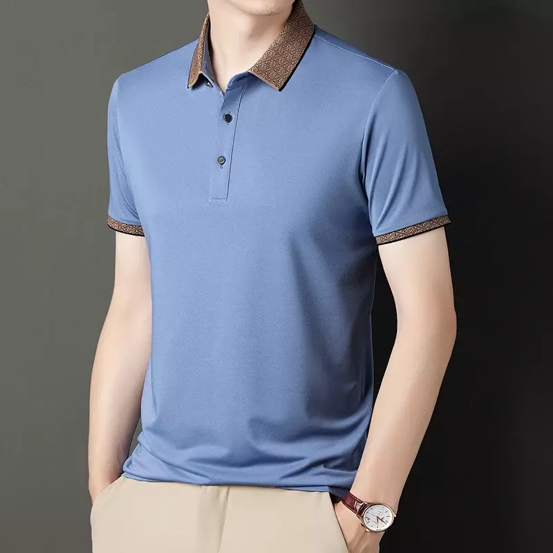 Kaus Polo leher serbaguna pria, T-shirt bisnis warna polos kasual nyaman serbaguna Musim Semi/panas