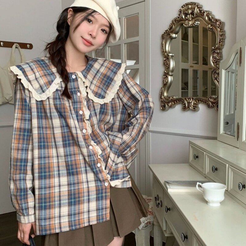 Camisa coreana de renda plissada solta feminina, colarinho de boneca, doce, retrô, nova, primavera e outono, 2023