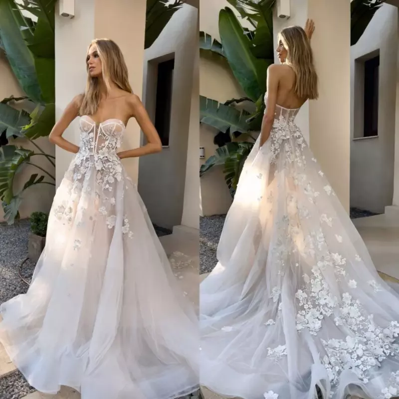 Elegante A-Linie Applikation Luxus benutzer definierte Hochzeits kleid sexy Schatz rücken frei boden lang romantische Hochzeit Braut Party kleid