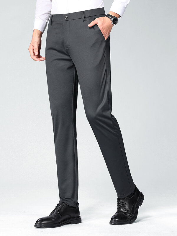 Calça de terno de alta elasticidade masculina, clássica, reta, magra, masculina, de trabalho, festa formal, calça casual, preta, cinza, azul