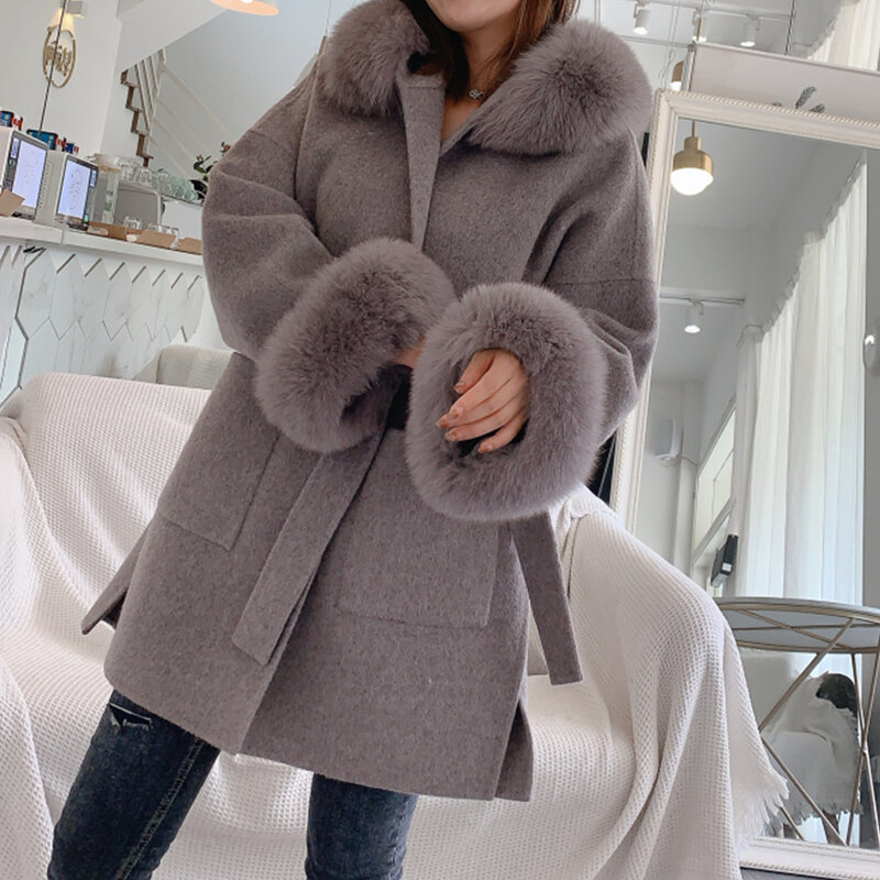 FURYOUME-abrigo de piel auténtica para mujer, chaqueta holgada de gran tamaño, mezcla de lana de Cachemira, ropa de calle, abrigo con capucha de piel de zorro Natural, cinturón