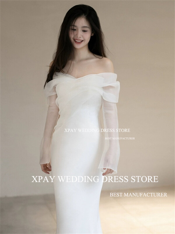 XPAY Off The Shoulder Korea Mermaid Wedding Dresses Long Flare Sleeve Bridal Gown Photos Shoot Corset Backless Pleat Bride Dress