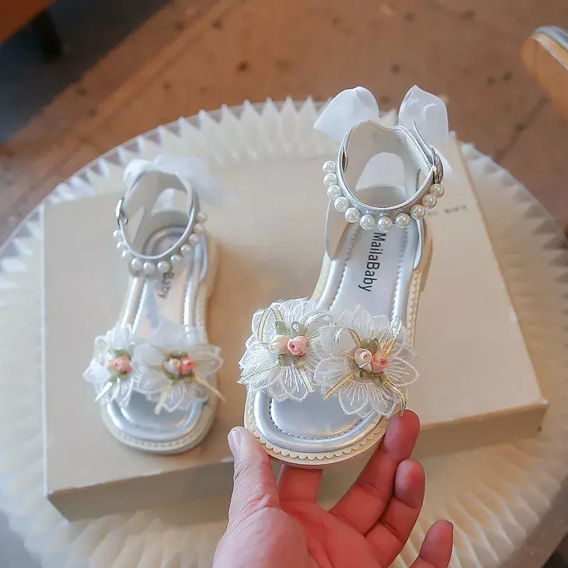 Sapatos femininos de princesa flor doce, Sandálias infantis, Moda verão, Elegante Casual Open Toe infantil, Vestido pérola, Sandálias romanas